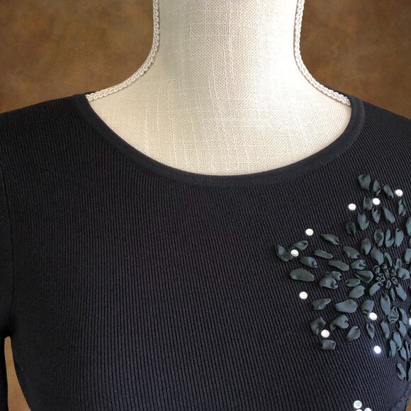 Attitude Knit Black Medium Top – Beaded Floral Sequin Detail, 3/4 Sleeve - Picture 4 of 10